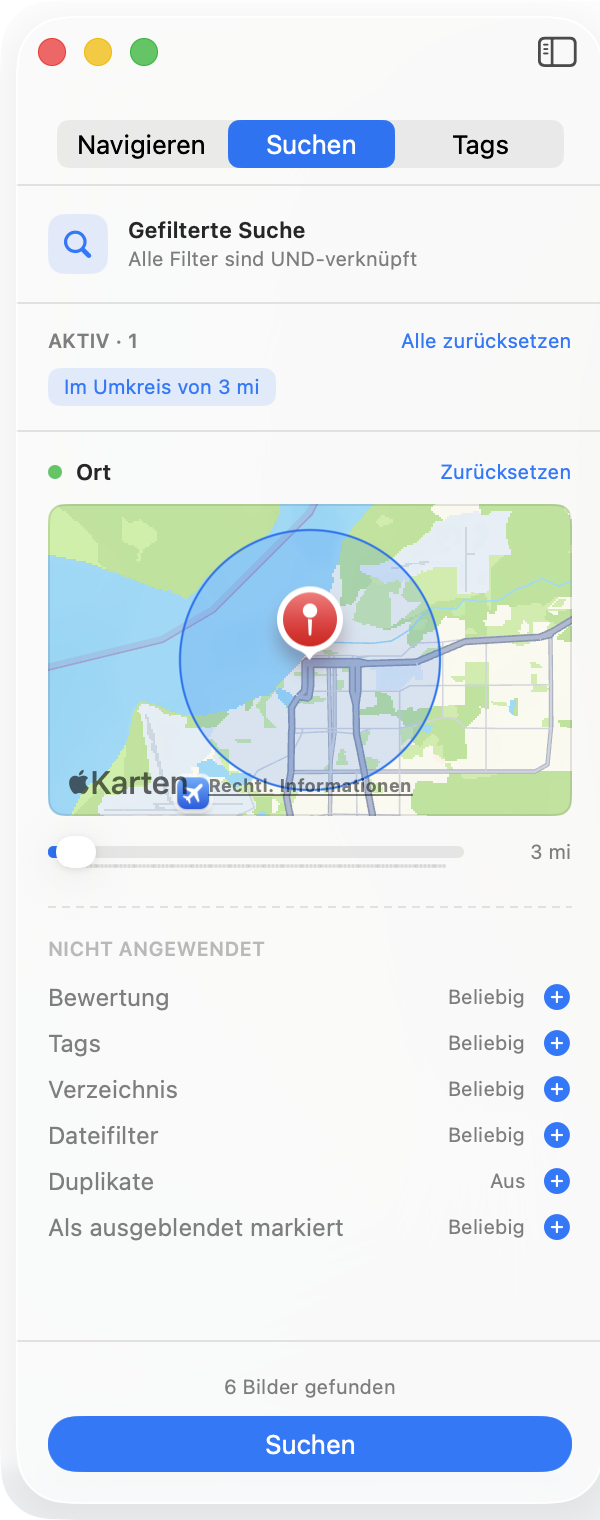 Der Filter „Ort“ im Suchbereich: eine Karte, zentriert auf den Aufnahmeort des Bildes, mit einem durchscheinenden Kreis für den Suchradius und einem Regler darunter.