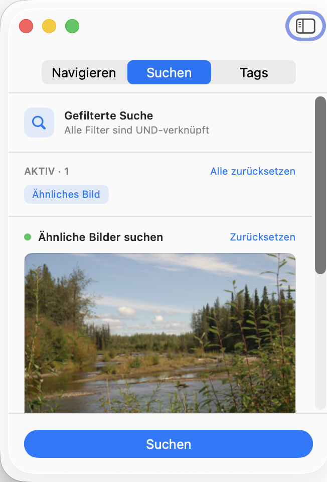 Eine Suche „Ähnliche finden“ mit dem Referenzbild und einem Regler von Streng bis Locker darunter.