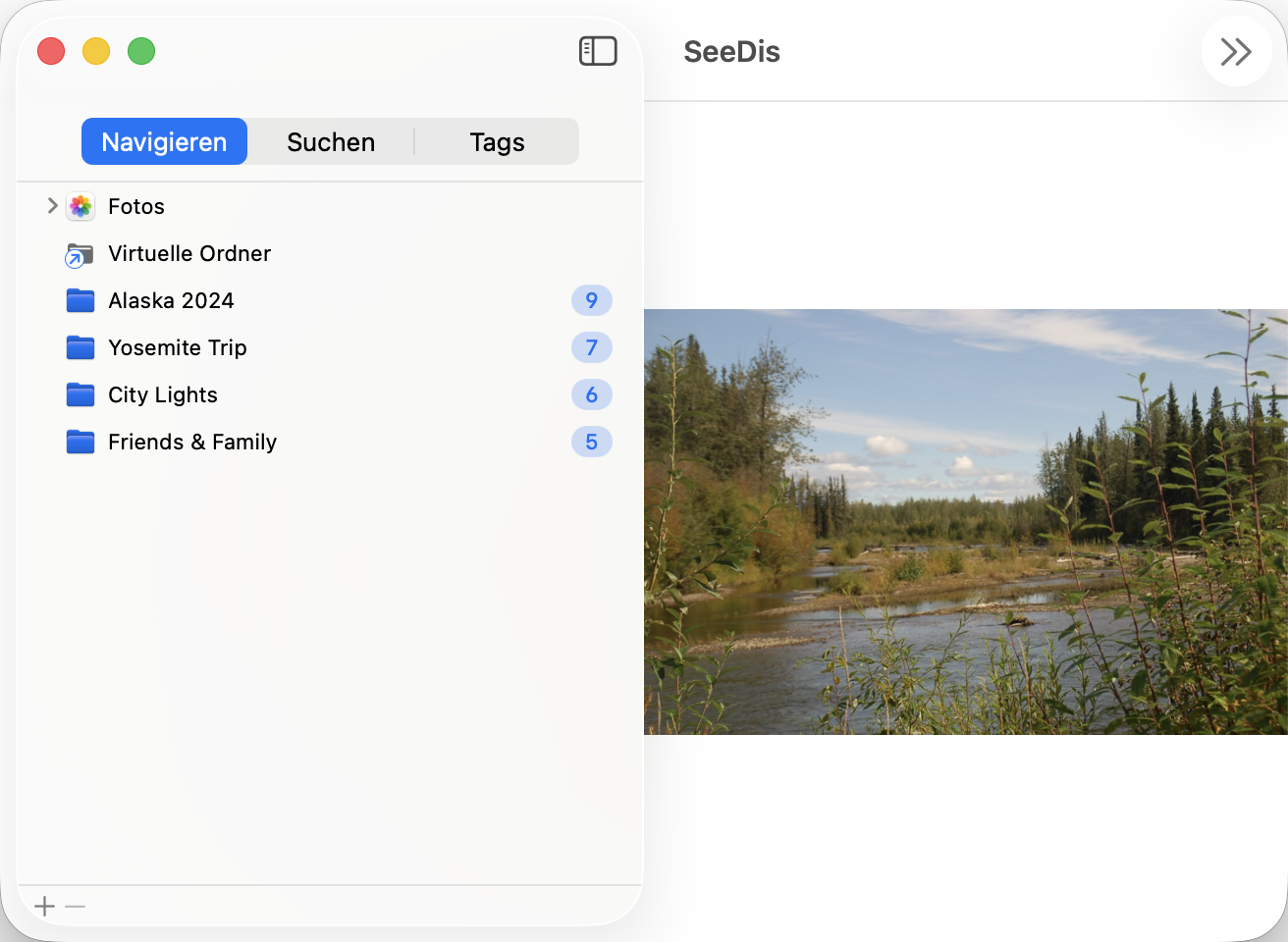Ein einzelnes Bild füllt den mittleren Bereich, bereit für die Navigation per Pfeiltasten.