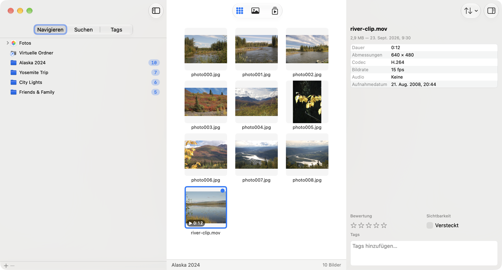 SeeDis auf dem Mac: eine Video-Miniatur mit Wiedergabesymbol und Laufzeit im Raster neben Fotos, rechts der Informationsbereich mit Dauer, Codec und Bildrate des ausgewählten Videos.