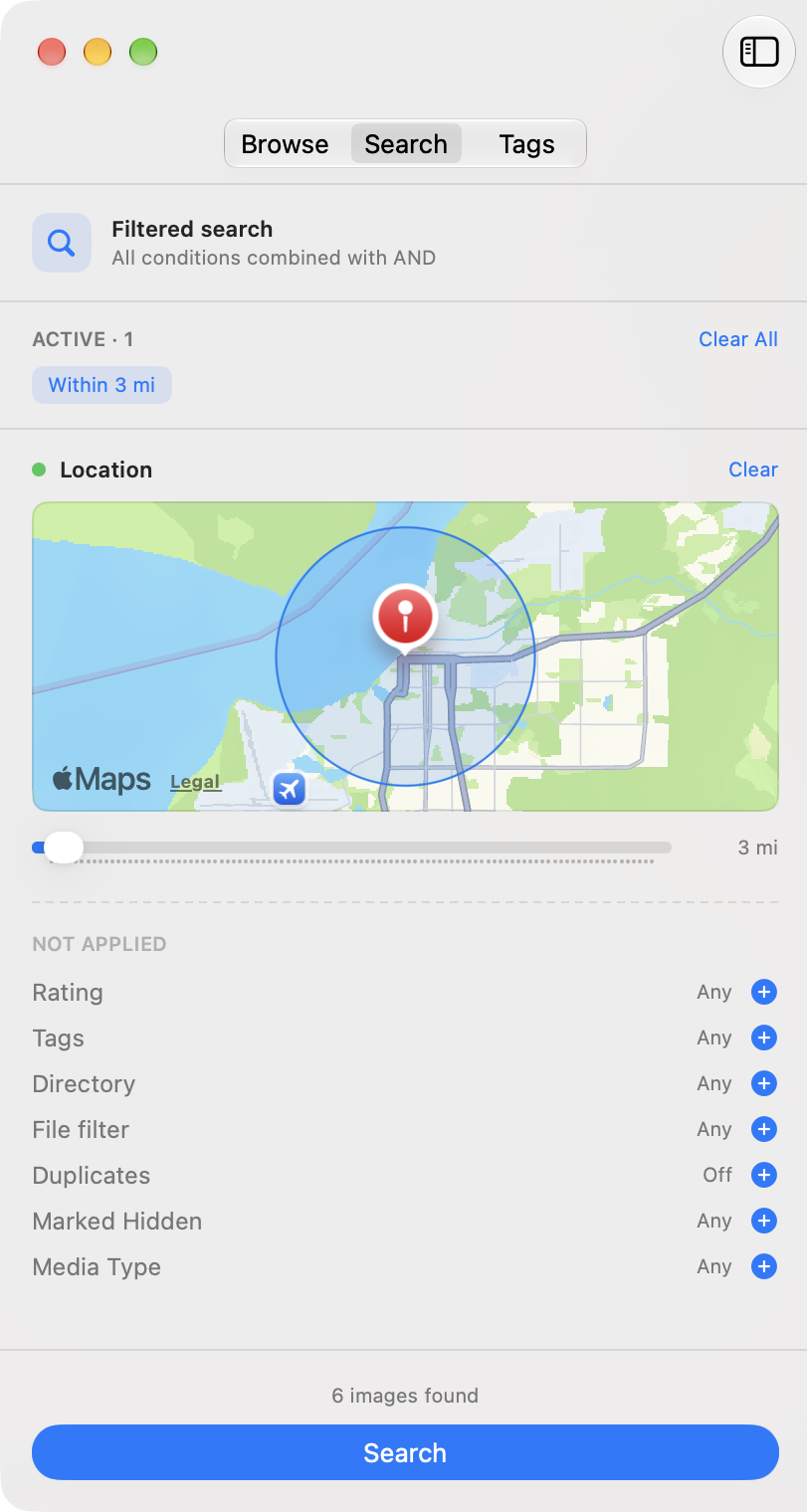 The Location filter in the Search panel: a map centered on the picture's coordinates, a translucent circle marking the search radius, and a slider beneath it.