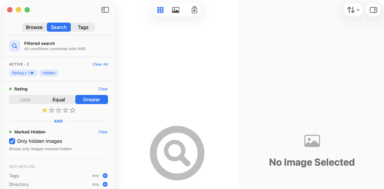 The Search panel with stacked active filters combined with AND, and unused filters waiting below.