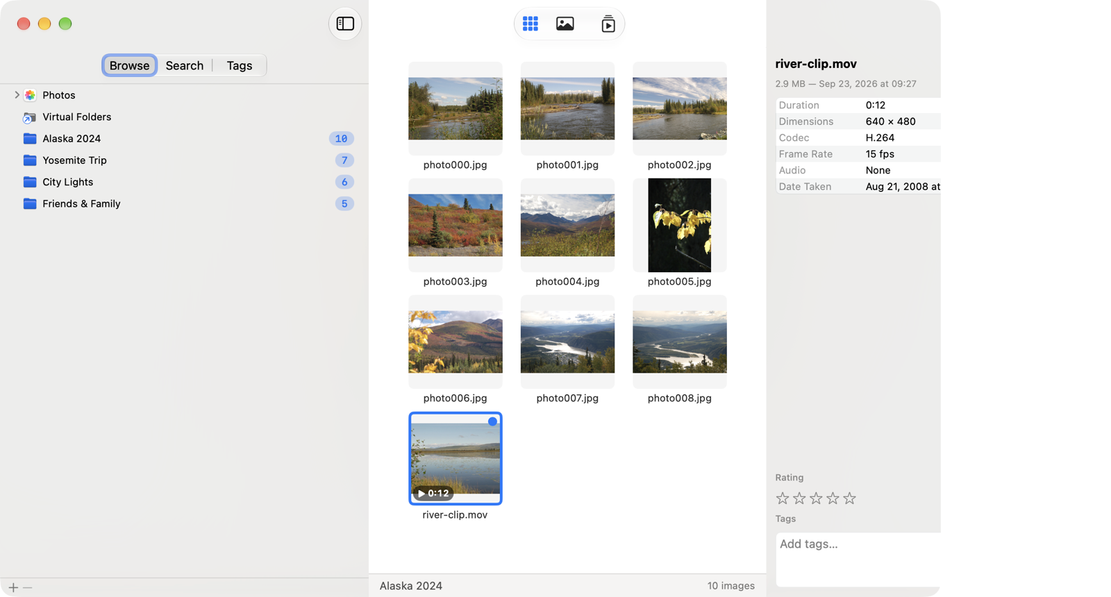 SeeDis on the Mac: a video tile with a play symbol and its running time in the grid beside photos, and the Information panel listing the selected video's length, codec and frame rate.