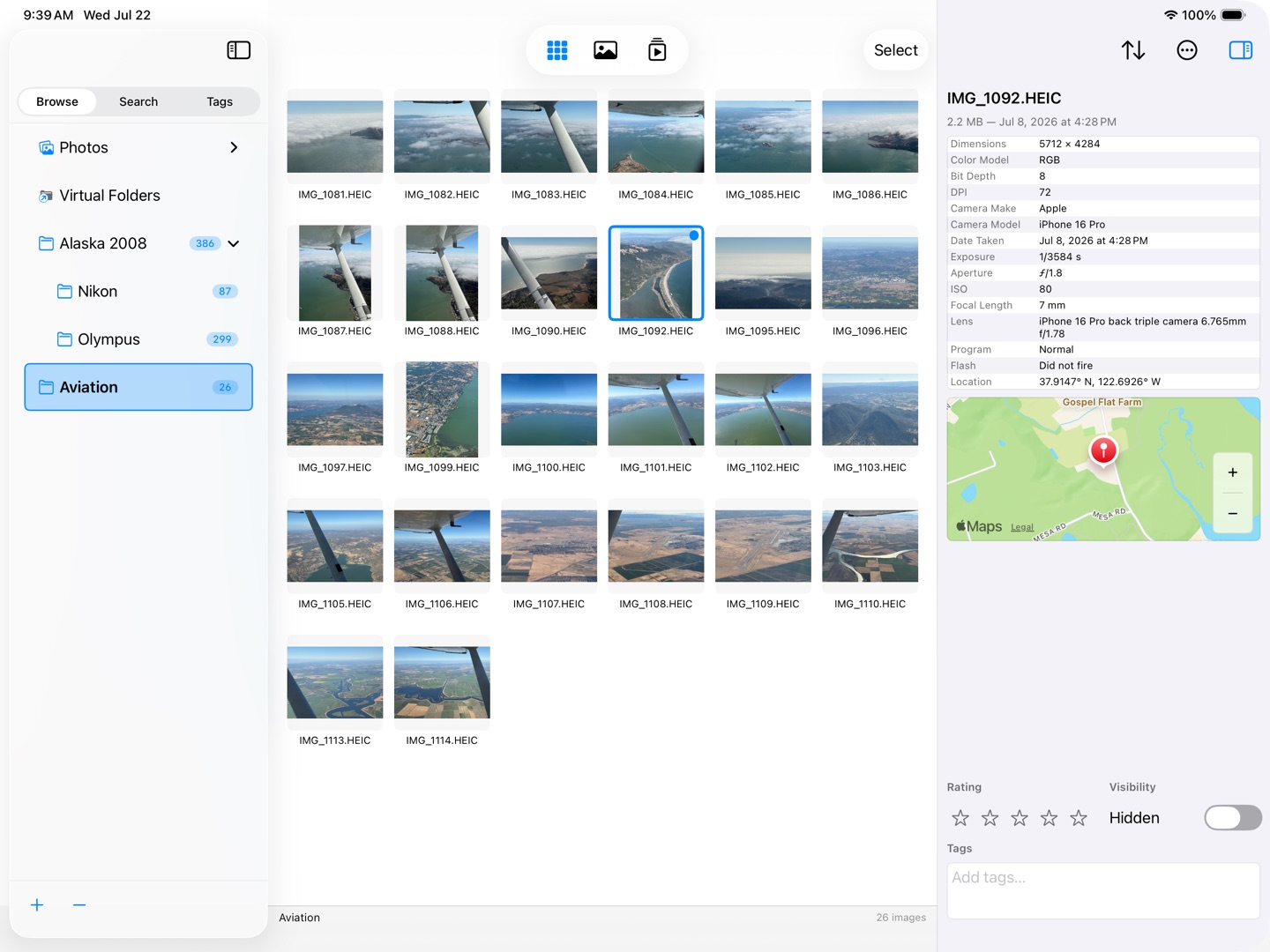 SeeDis on iPad: sidebar, thumbnail grid beneath a floating glass toolbar, and the inspector.