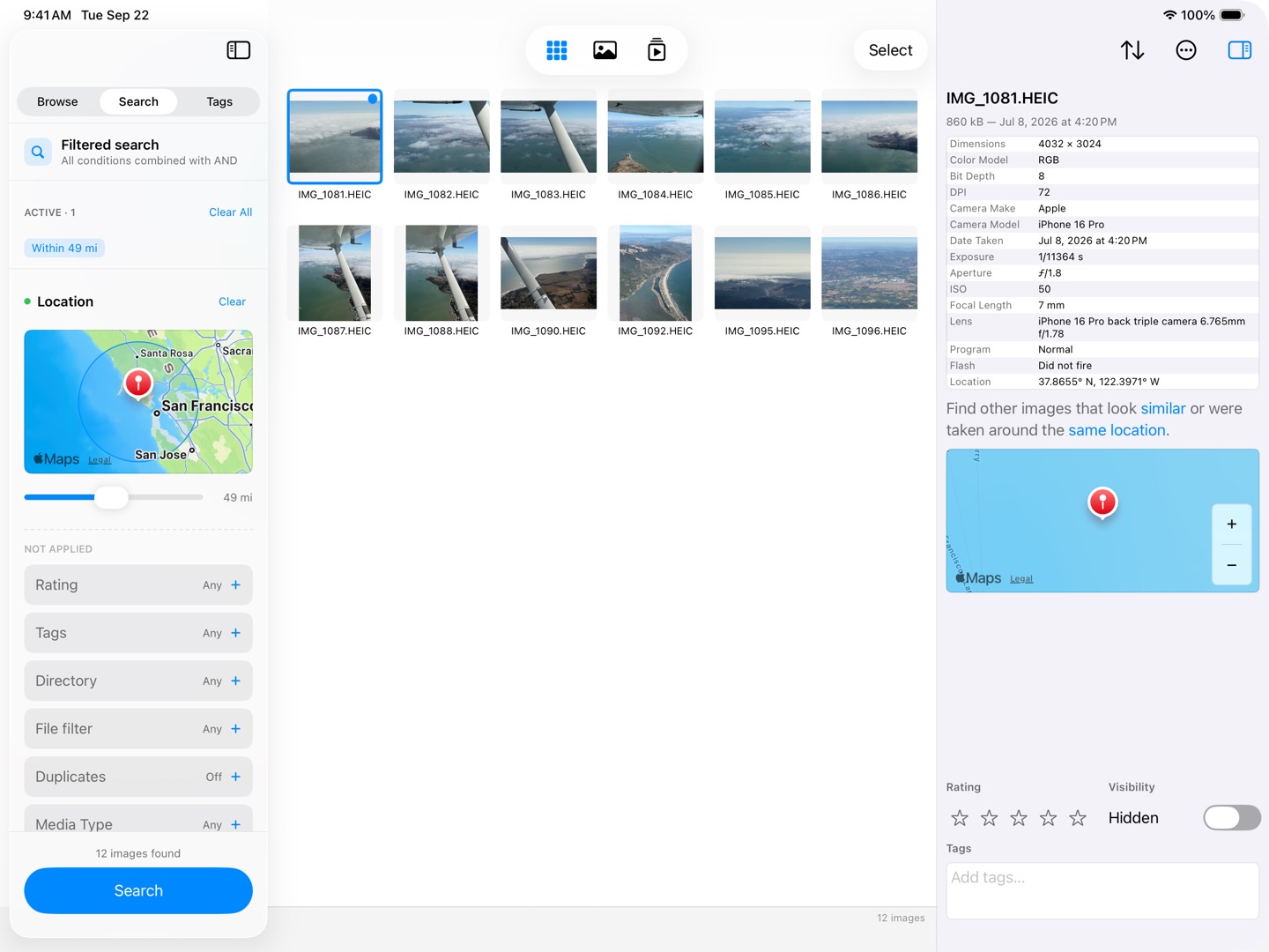 Search Around Location on iPad: a map centered on the picture's coordinates with the search radius drawn as a circle, and a radius slider beneath it.