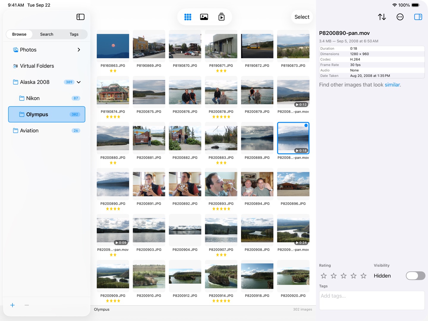 SeeDis on iPad: video tiles with play symbols and running times among the photos, and the inspector showing the selected video's duration, codec and frame rate.