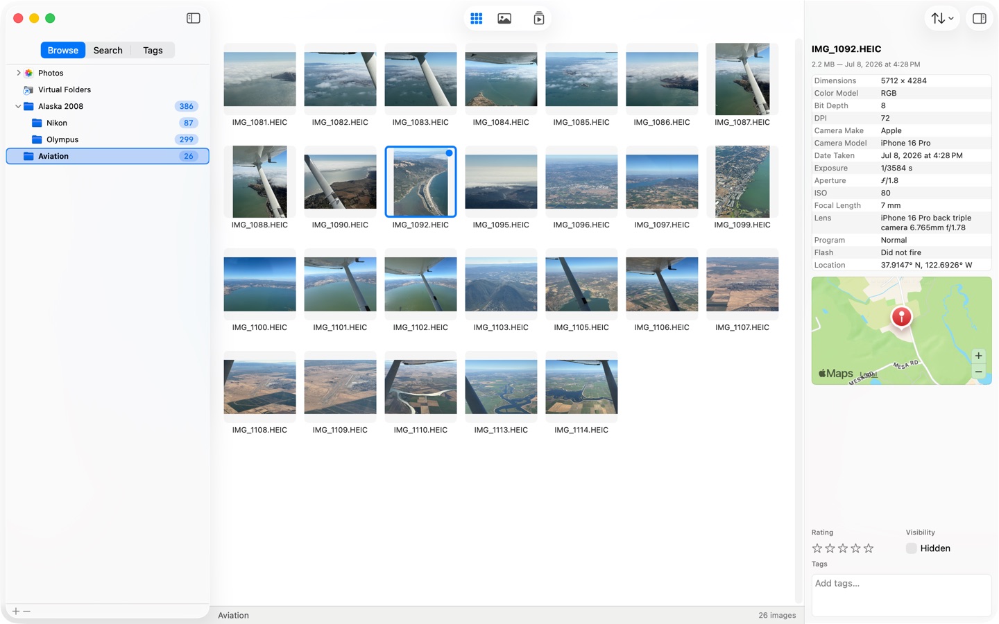 SeeDis on macOS: folder tree, thumbnail grid, and an inspector with EXIF details and a location map.