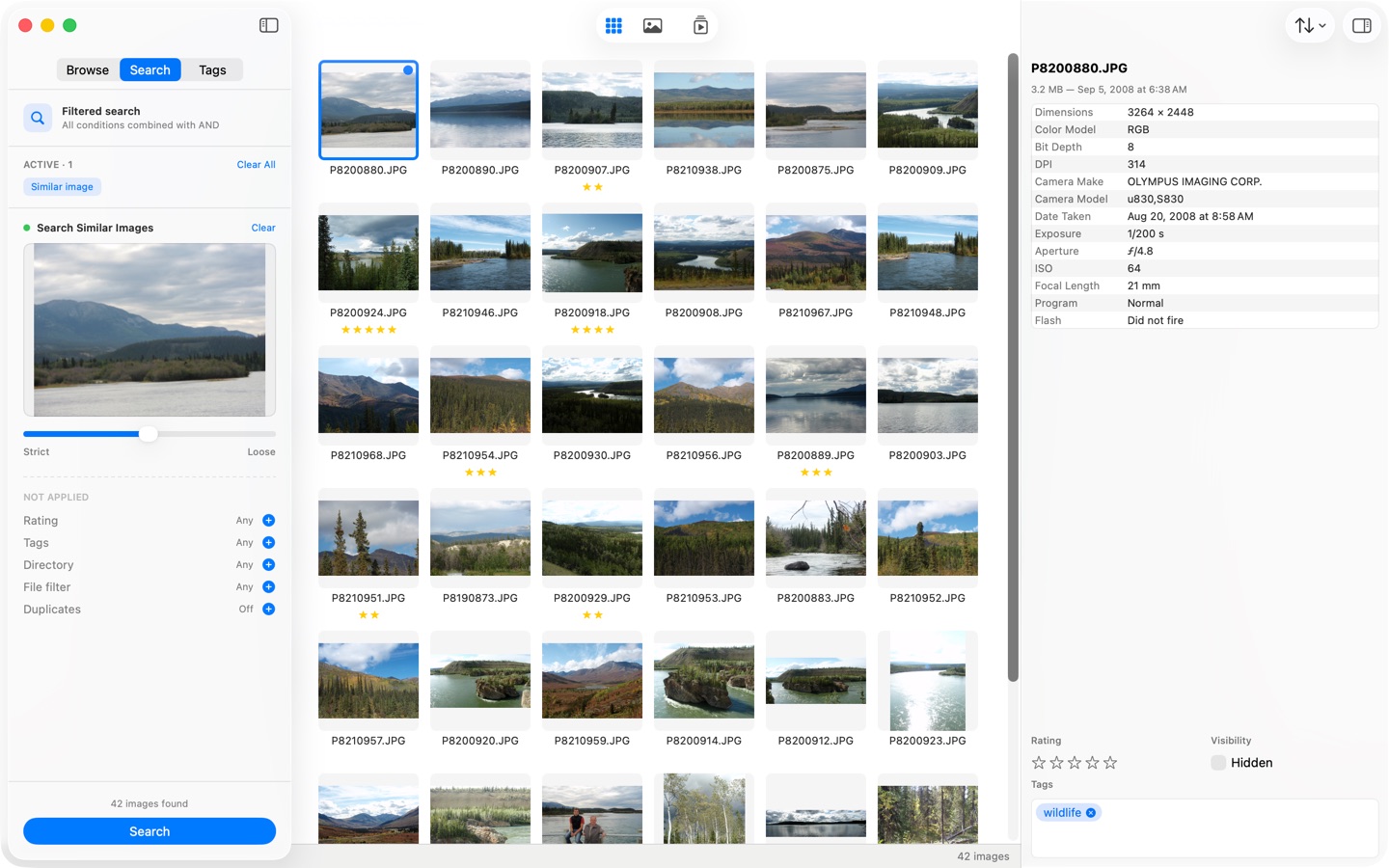 A Find Similar search on macOS with the reference image and a Strict-to-Loose slider.