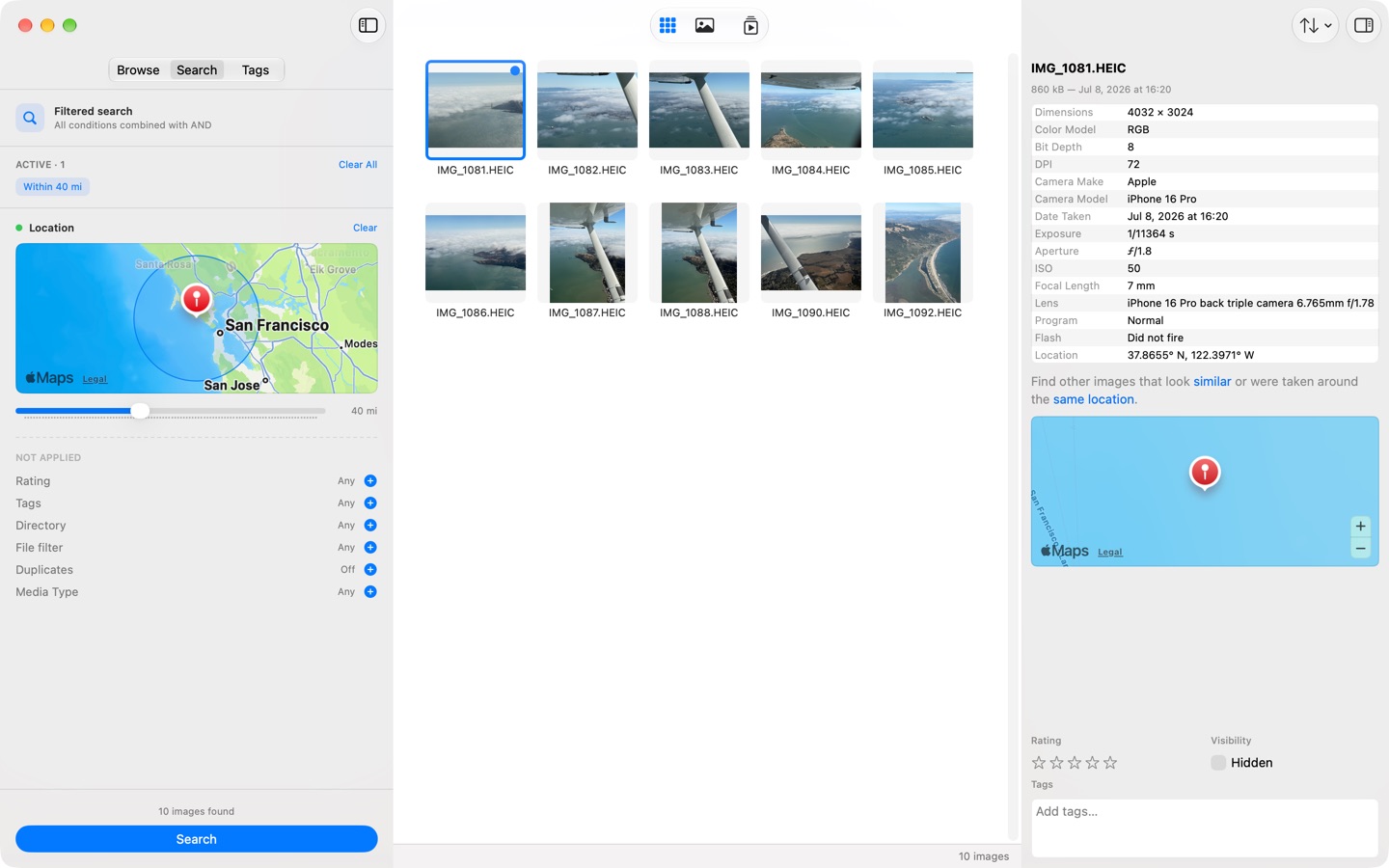 Search Around Location on macOS: a map centered on the picture's coordinates with the search radius drawn as a circle, and a radius slider beneath it.