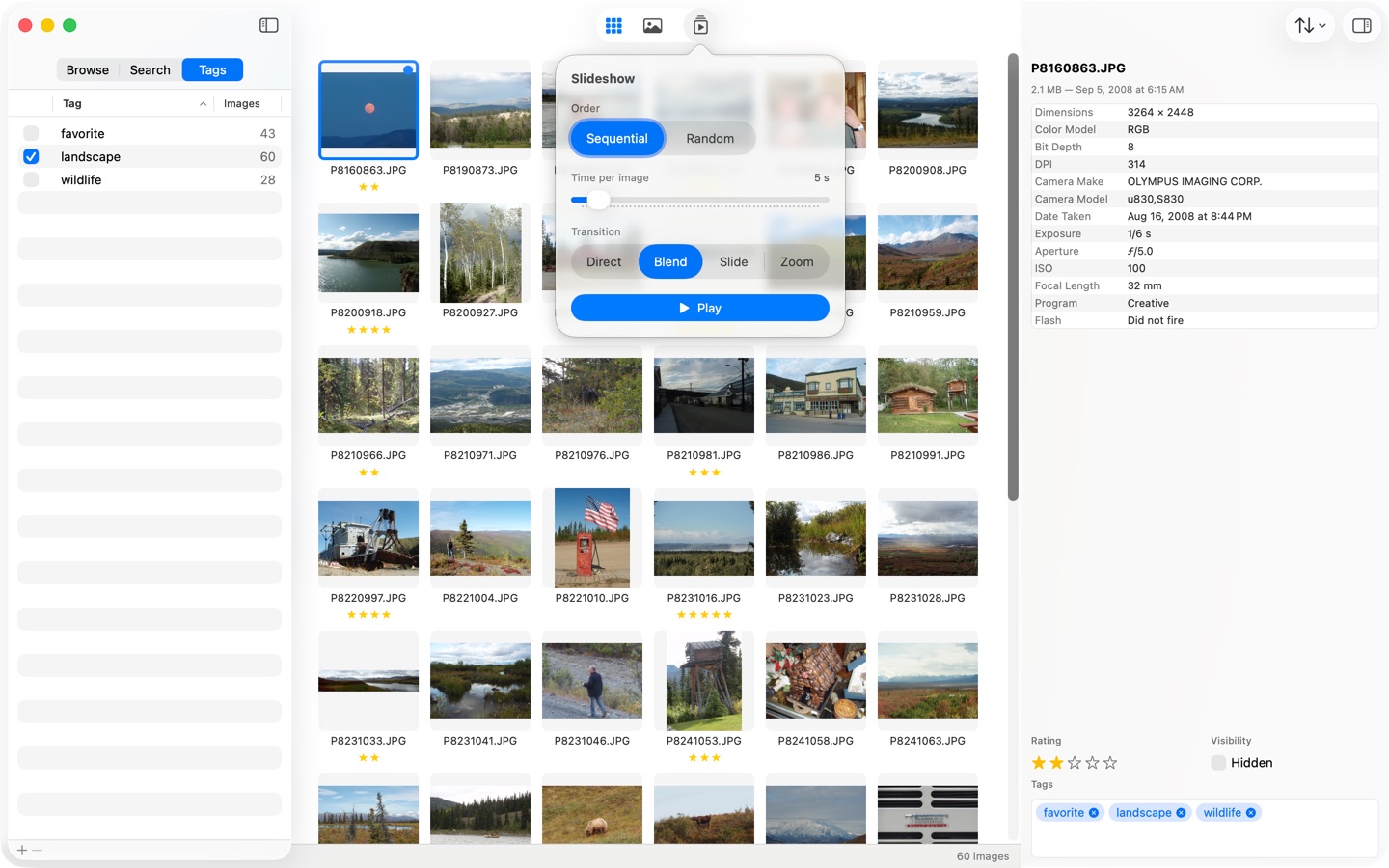 The slideshow settings popover over a filtered grid on macOS.