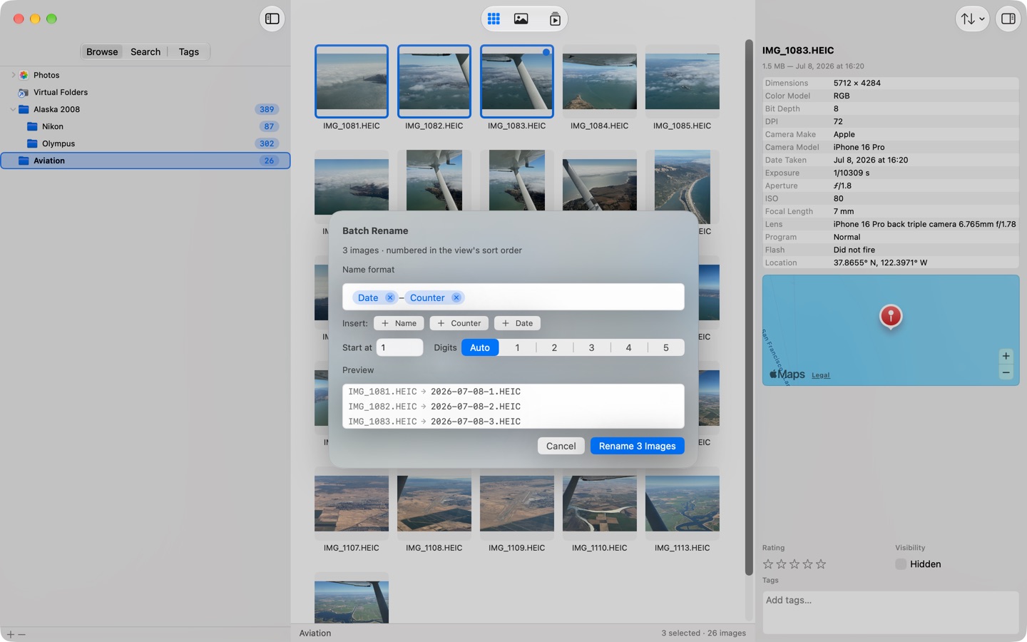 The Batch Rename dialog on macOS with a name-format field and a preview listing old and new file names.